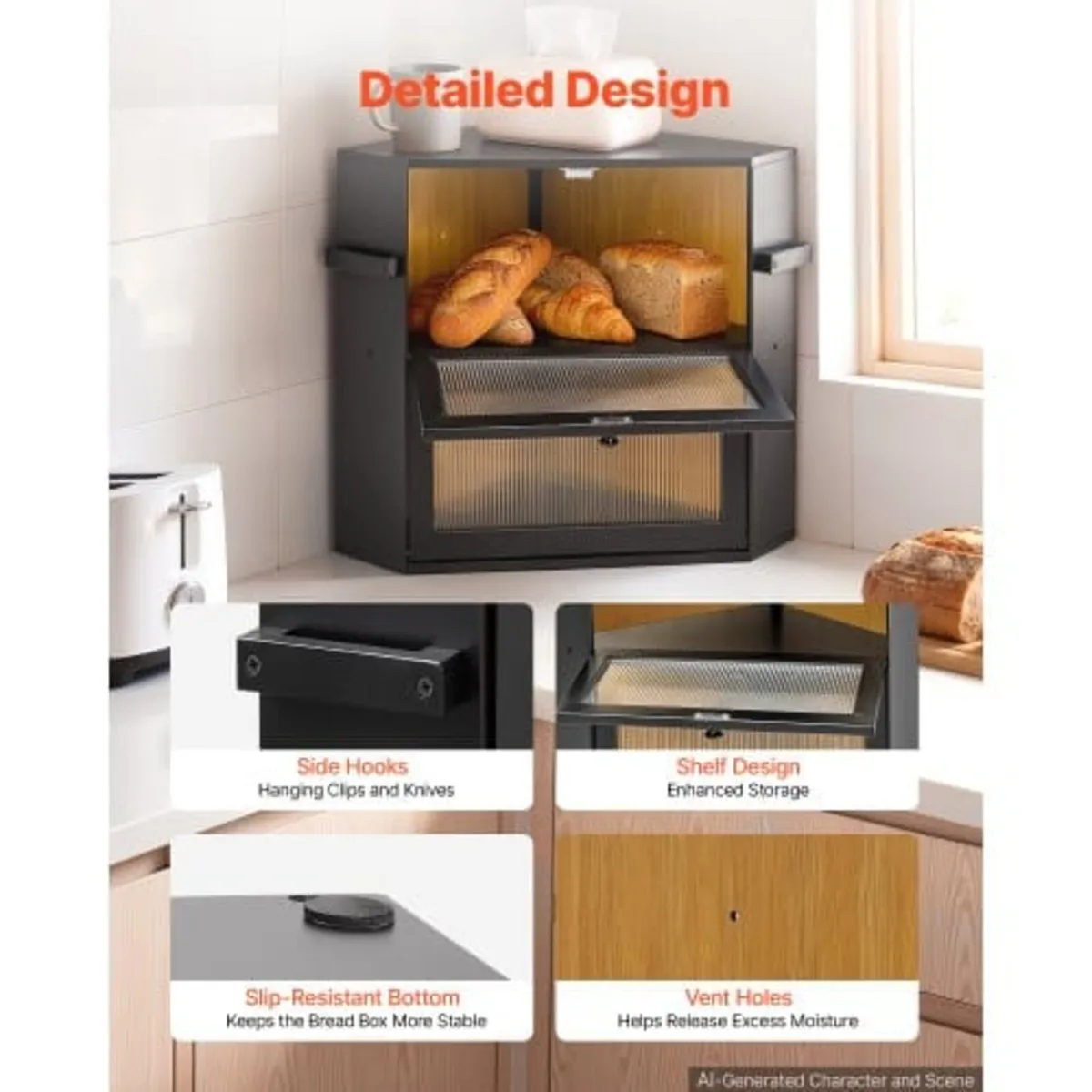 Corner Bread Box for Kitchen Counter Bamboo Wood C - Image 2