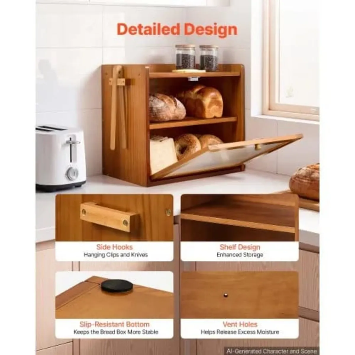Bread Box for Kitchen Counter Wood Storage Compact - Image 2
