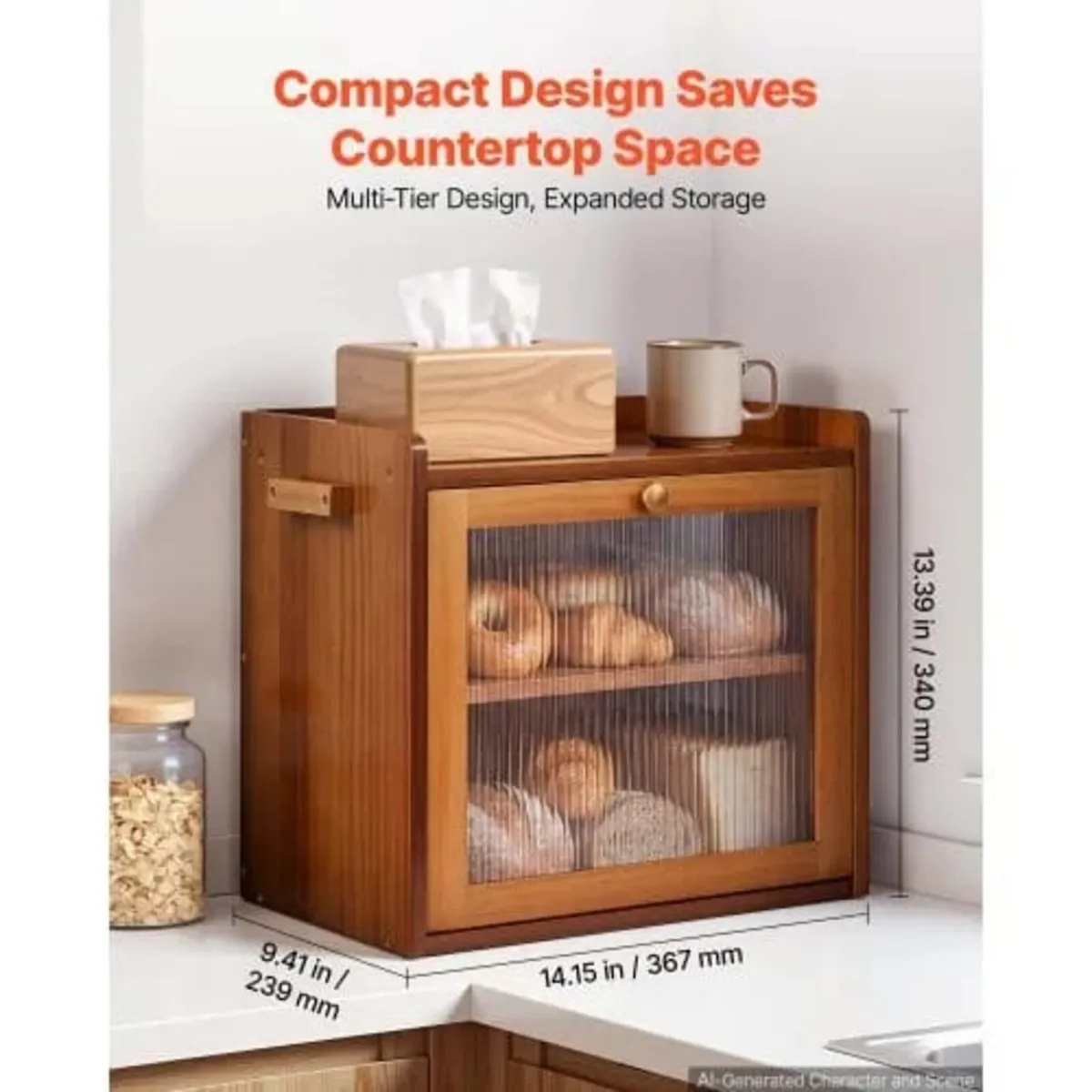 Bread Box for Kitchen Counter Wood Storage Compact - Image 3