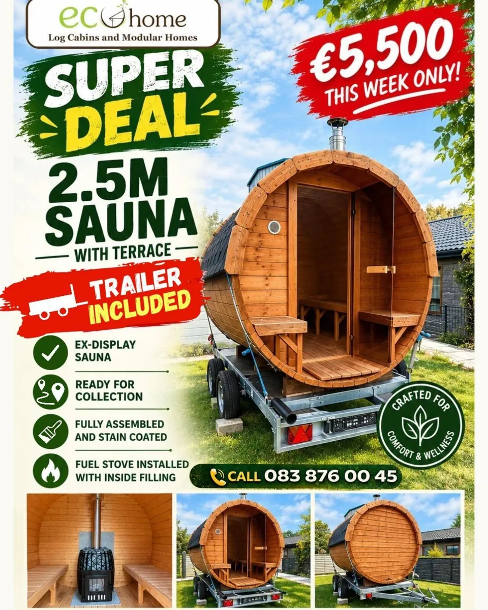 Ecohome.ie 2.5m Sauna with Free Stove and Trailer