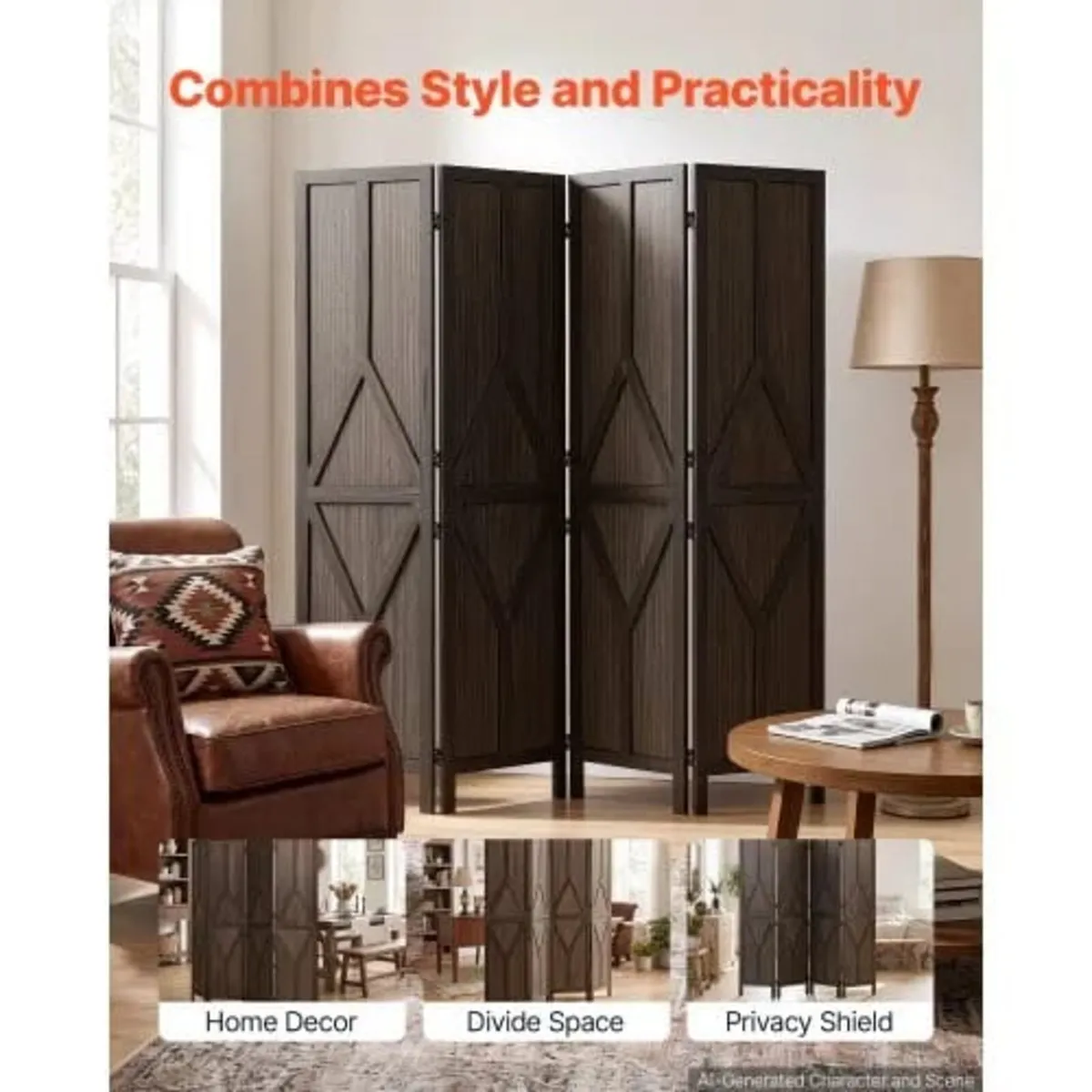Wood Room Divider 4 Panels Wood Folding Privacy Sc - Image 3