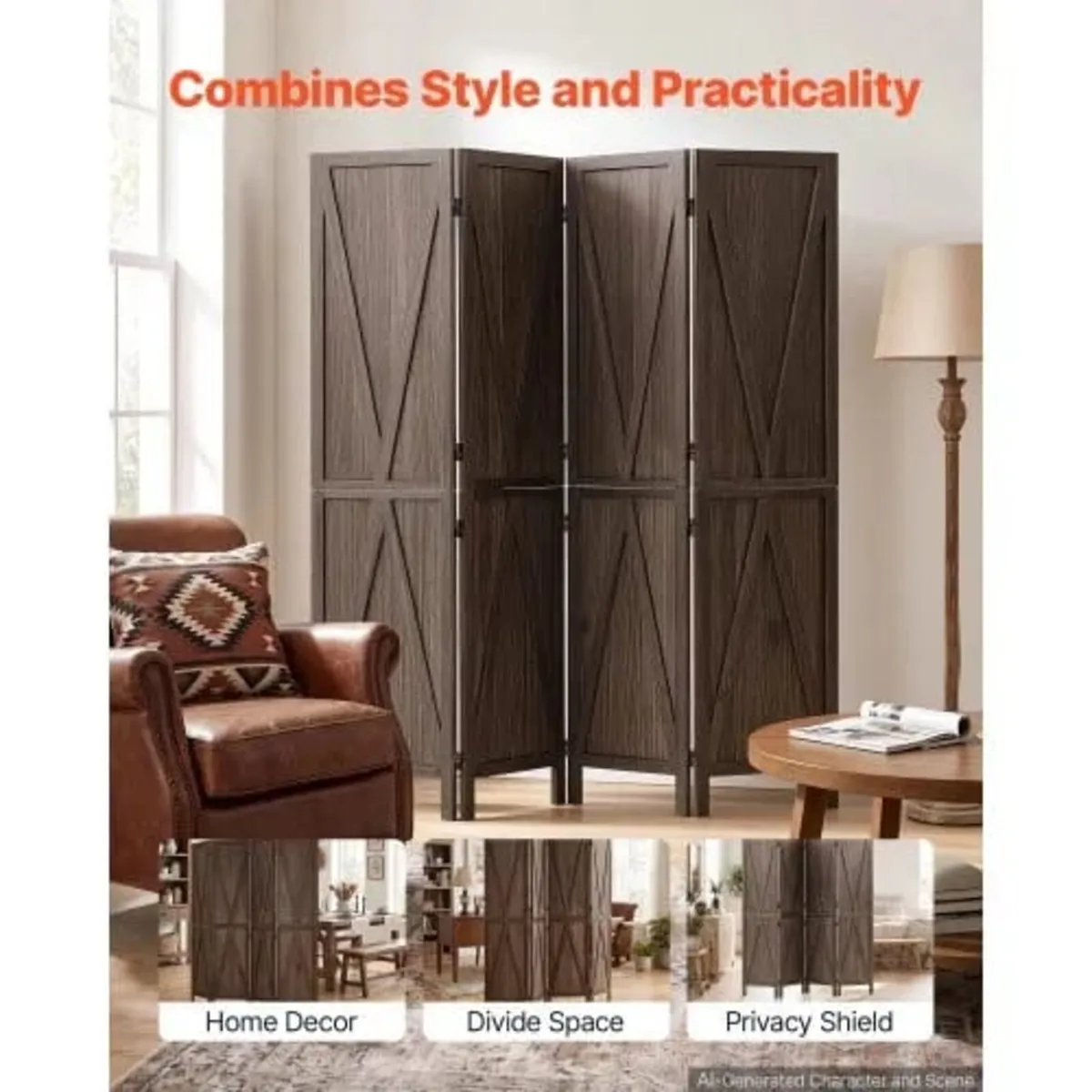 Wood Room Divider 4 Panels Wood Folding Privacy Sc - Image 2