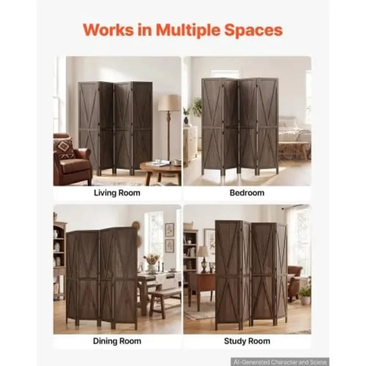 Wood Room Divider 4 Panels Wood Folding Privacy Sc - Image 3