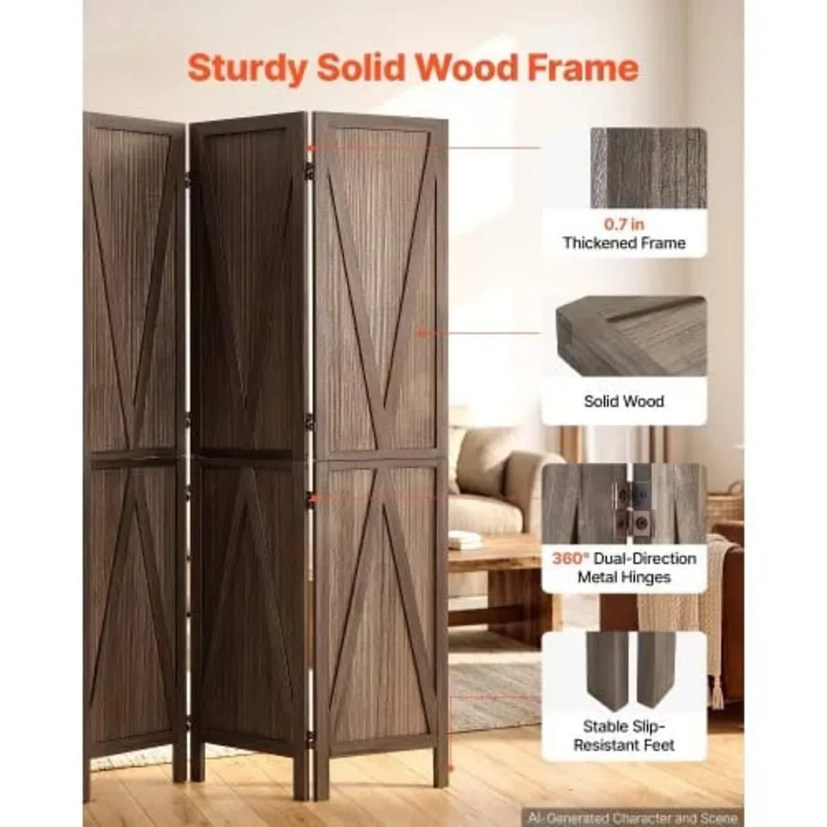 Wood Room Divider 4 Panels Wood Folding Privacy Sc - Image 4