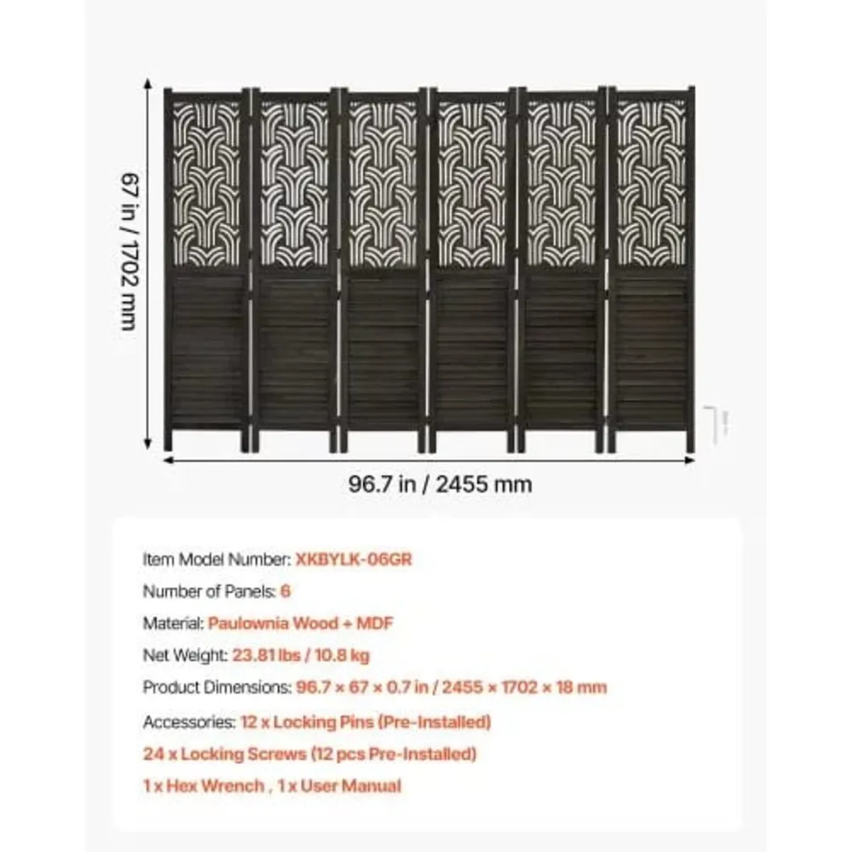 Wood Room Divider 6 Panels 1702mm Carved Wood Fold - Image 2
