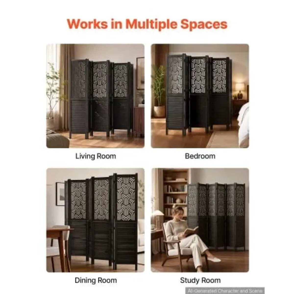 Wood Room Divider 6 Panels 1702mm Carved Wood Fold - Image 4