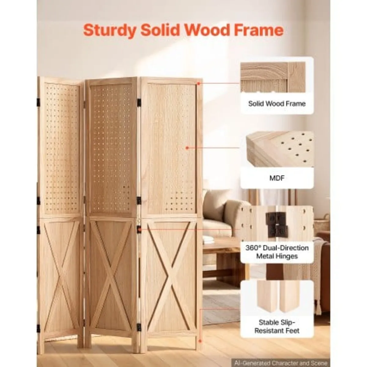 Wood Room Divider 4 Panels 1520mm Pegboard Wood Fo - Image 2