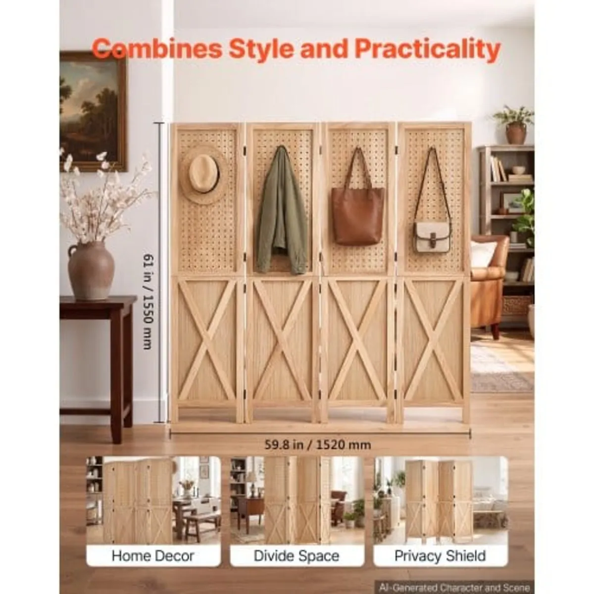 Wood Room Divider 4 Panels 1520mm Pegboard Wood Fo - Image 4