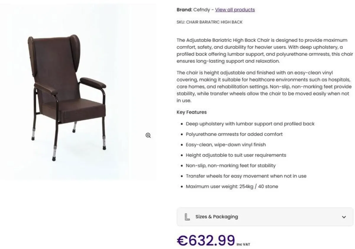 Brown Adjustable Bariatric High Back Chair - Image 2