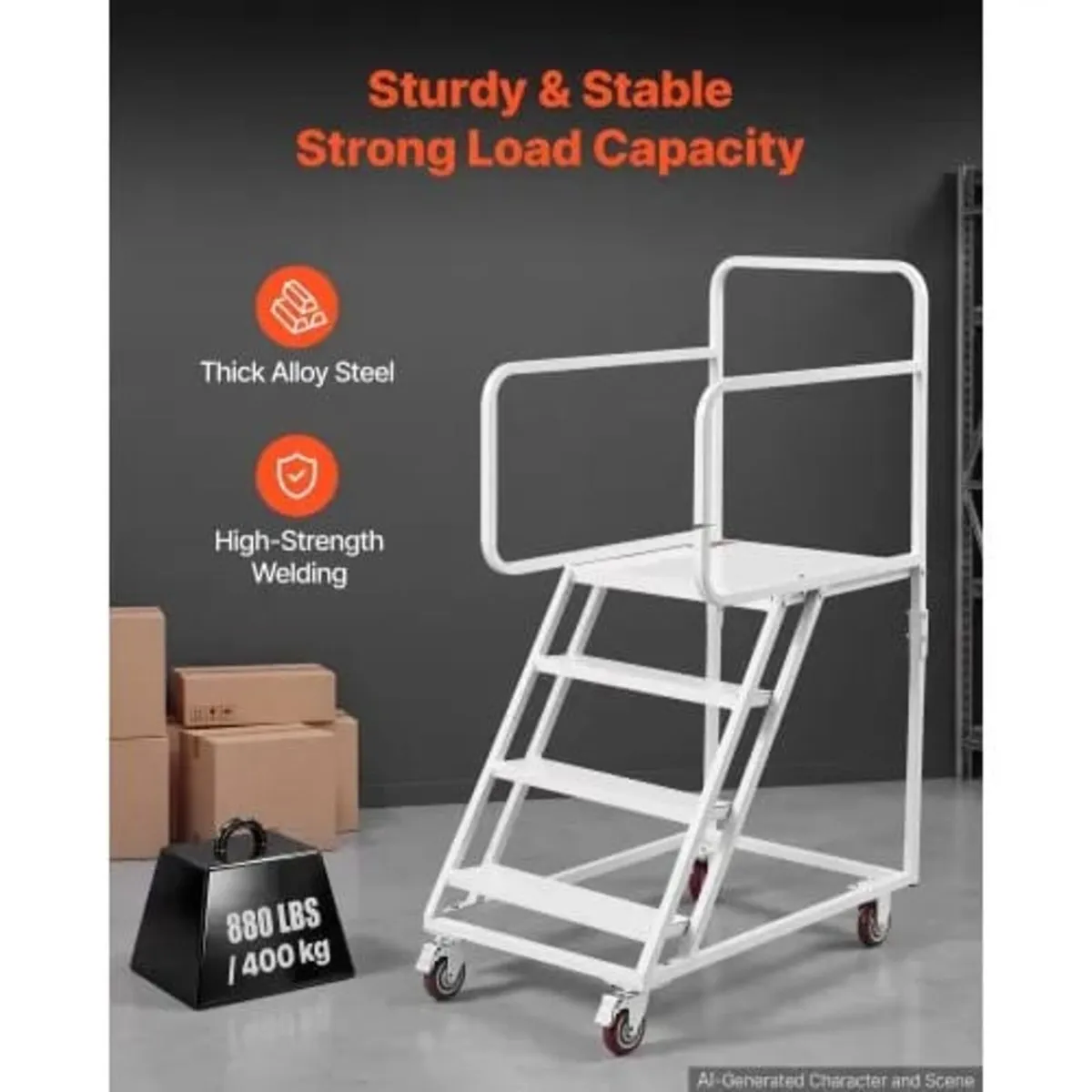 4-Step Rolling Warehouse Ladder, Industrial Alloy - Image 2