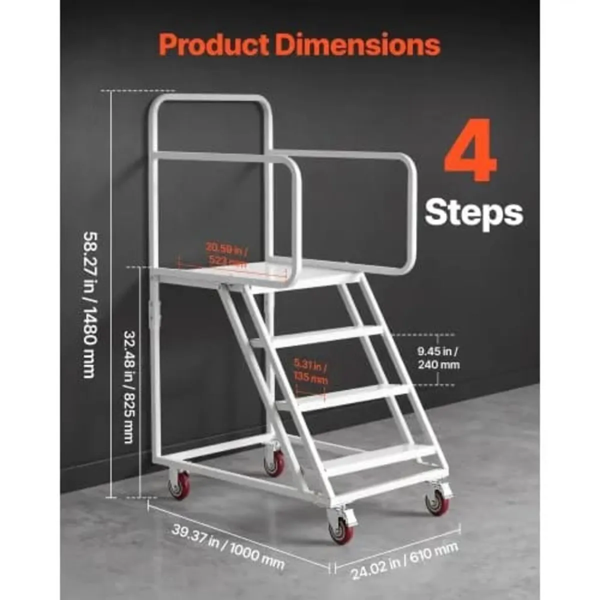 4-Step Rolling Warehouse Ladder, Industrial Alloy - Image 3