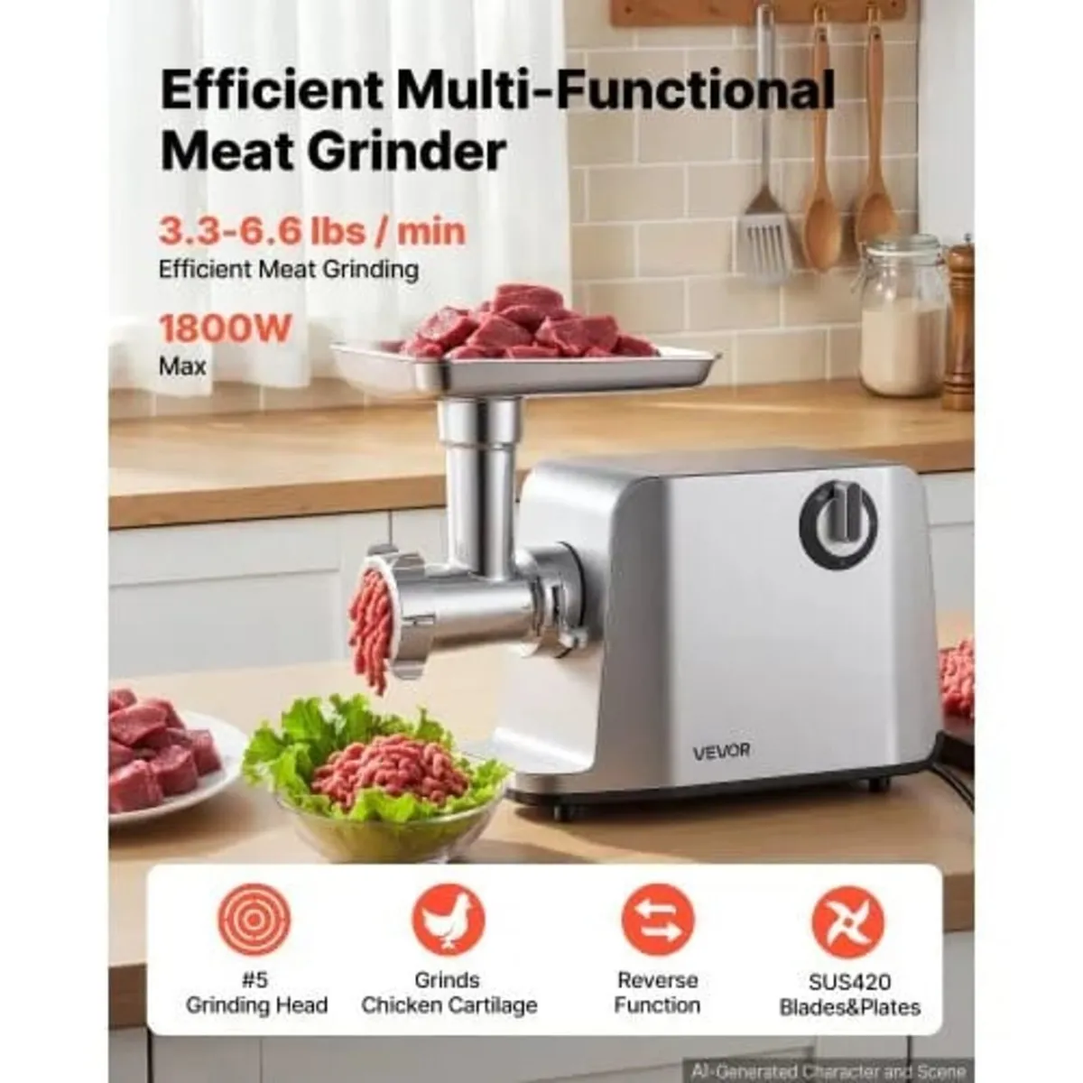 Electric Meat Grinder, 1.5-3 kg/min 1800W Max, #5 - Image 2