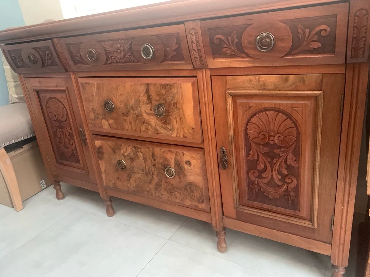 Antique sideboard, solid oak with walnut veneer.