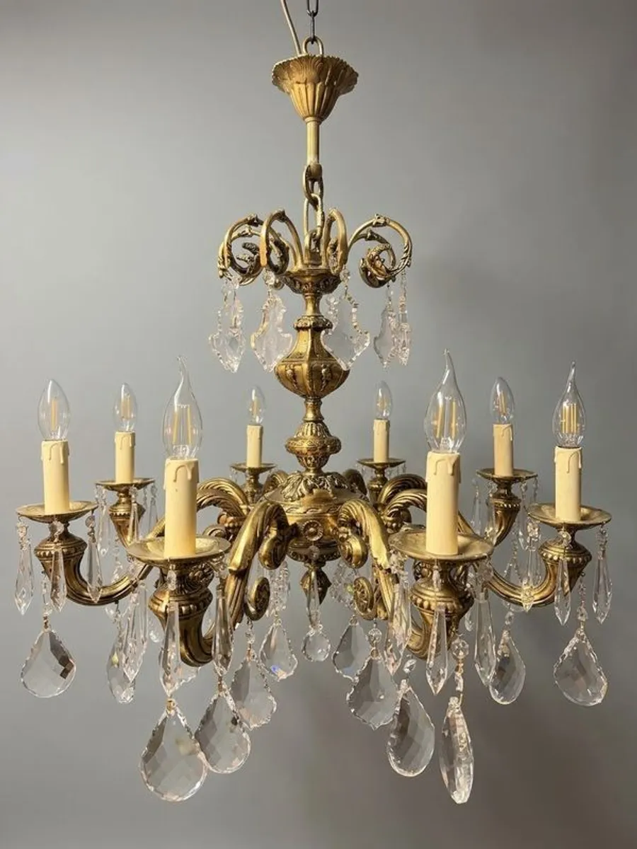 French Eight-Arm Brass & Crystal Chandelier - Image 2