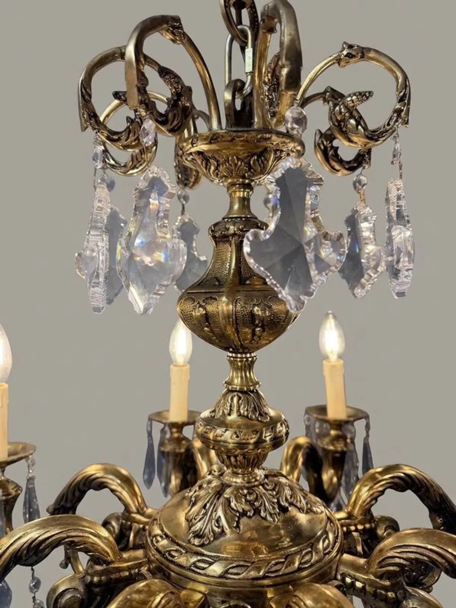 French Eight-Arm Brass & Crystal Chandelier - Image 3