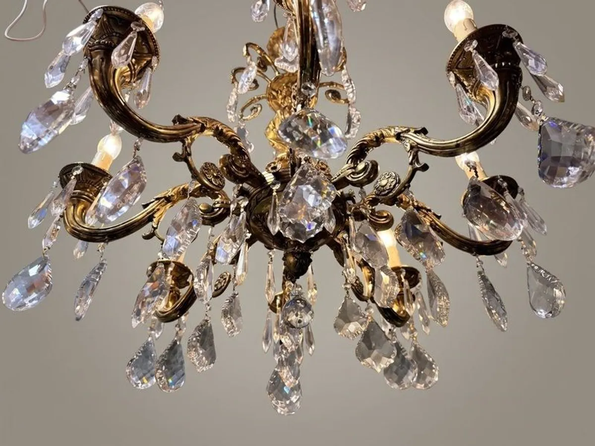 French Eight-Arm Brass & Crystal Chandelier - Image 4