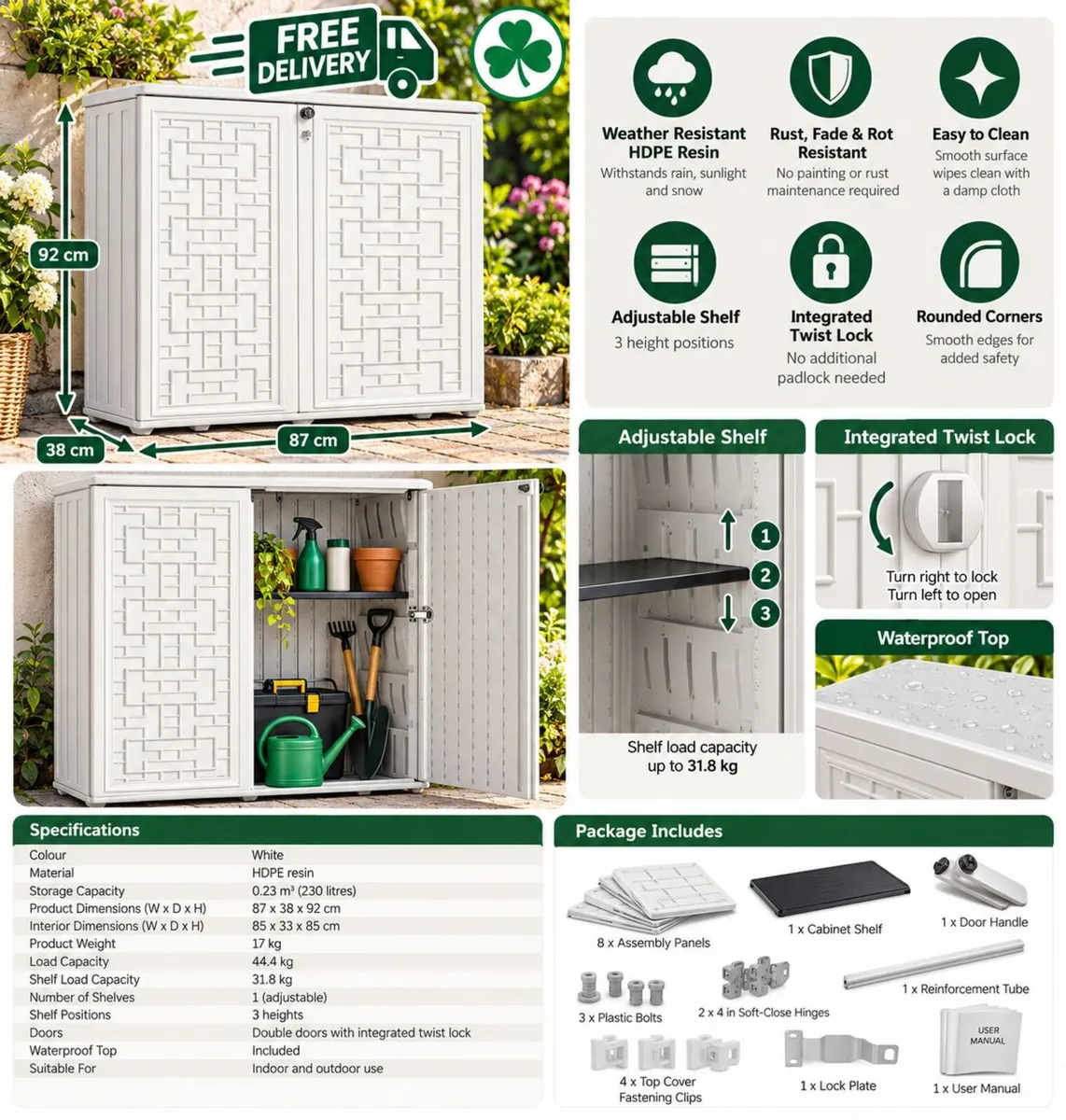 Outdoor Resin Storage Cabinet White Waterproof - Image 2