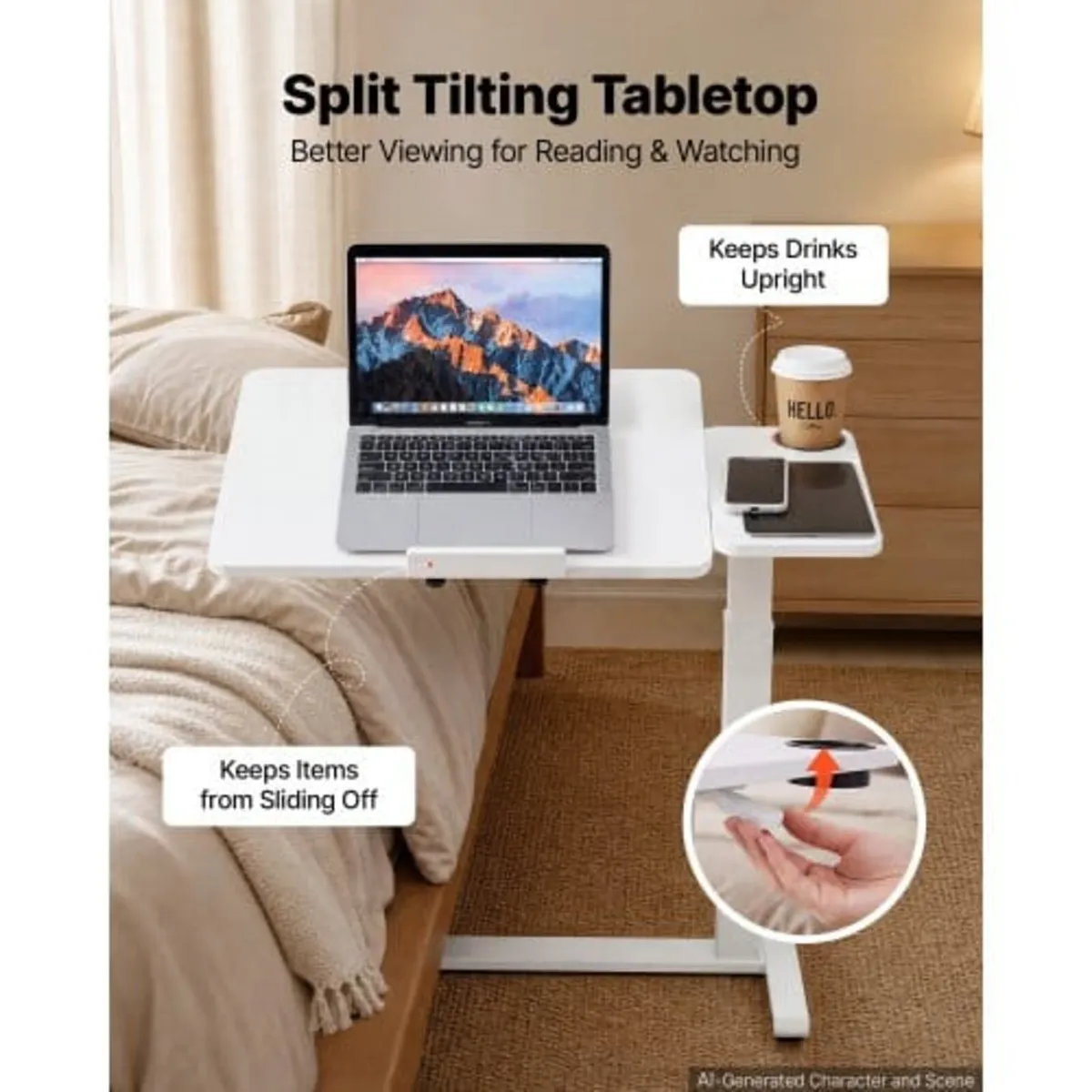 Overbed Table 800 x 400 mm Mobile Bedside Table wi - Image 2