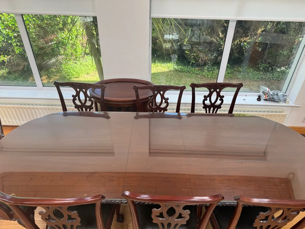 Brown antique dining tables and 8 chairs - Image 2