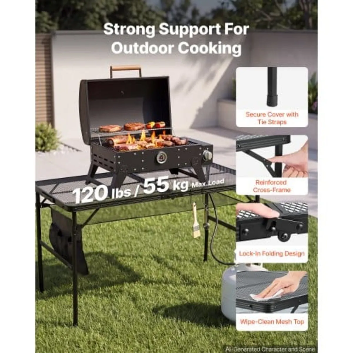 Folding Grill Table 120x60 cm Camping Tables 55 kg - Image 4