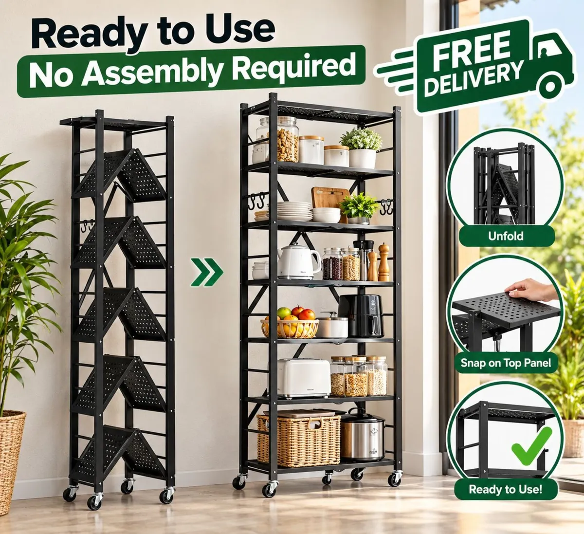 6 Tier Foldable Metal Storage Shelving Unit Black - Image 1