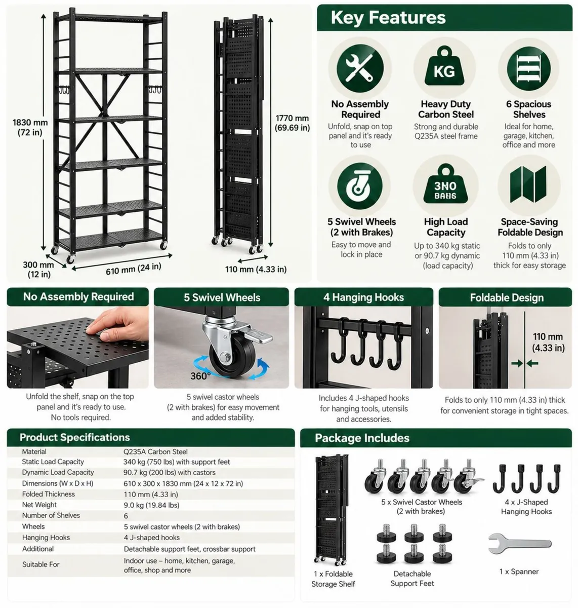 6 Tier Foldable Metal Storage Shelving Unit Black - Image 2
