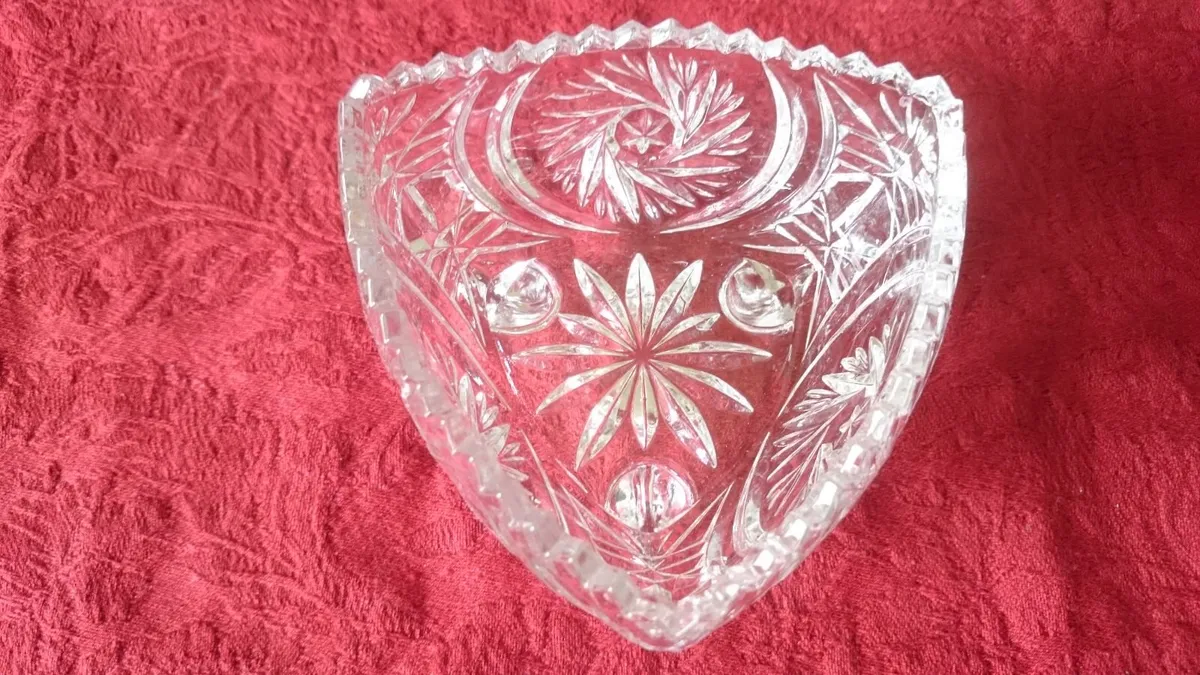 Triangular Cut Crystal Glass Footed Jewelry Dish - Image 2