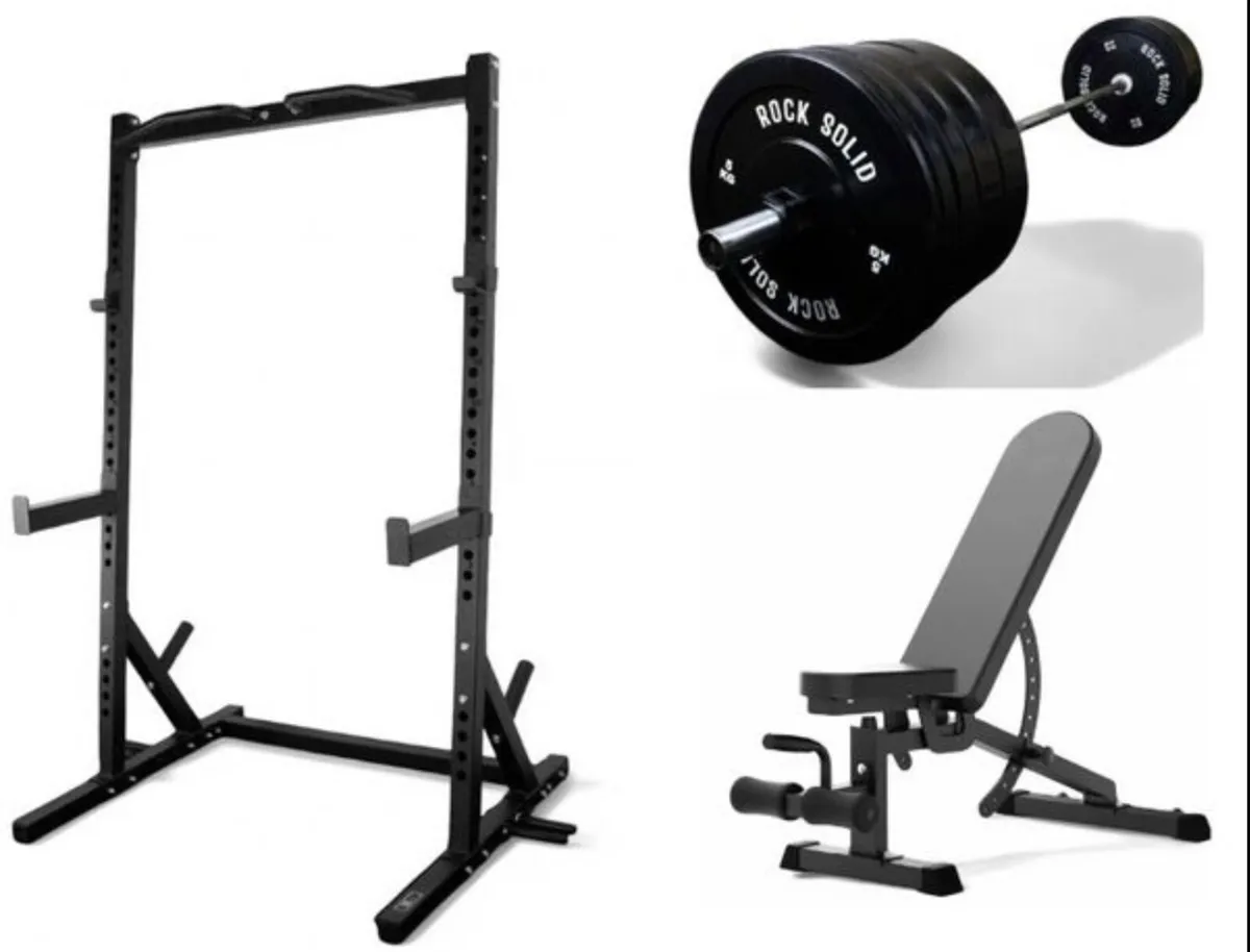 Squat rack, barbell, 100kg weights, FID Bench - Image 1