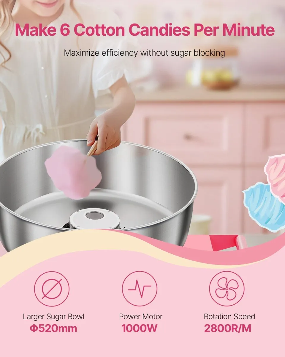 Pink Candy Floss Machine with Cart, 1000W - Image 2