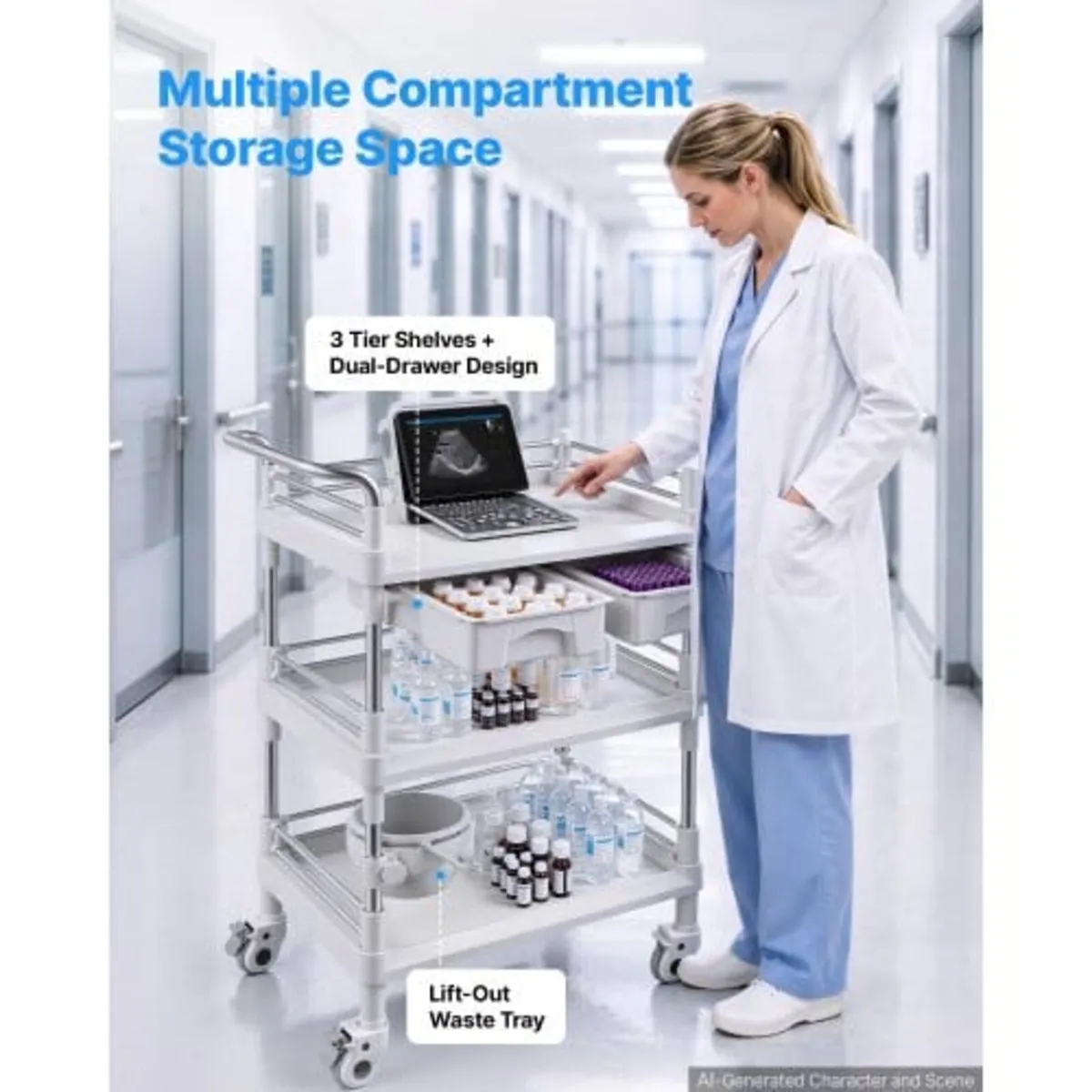 Medical Cart Three-Tier Medical Trolley Cart with - Image 3