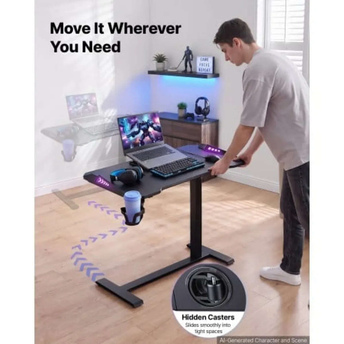 Overbed Table 800 x 450 mm Mobile Gaming Desk with - Image 4