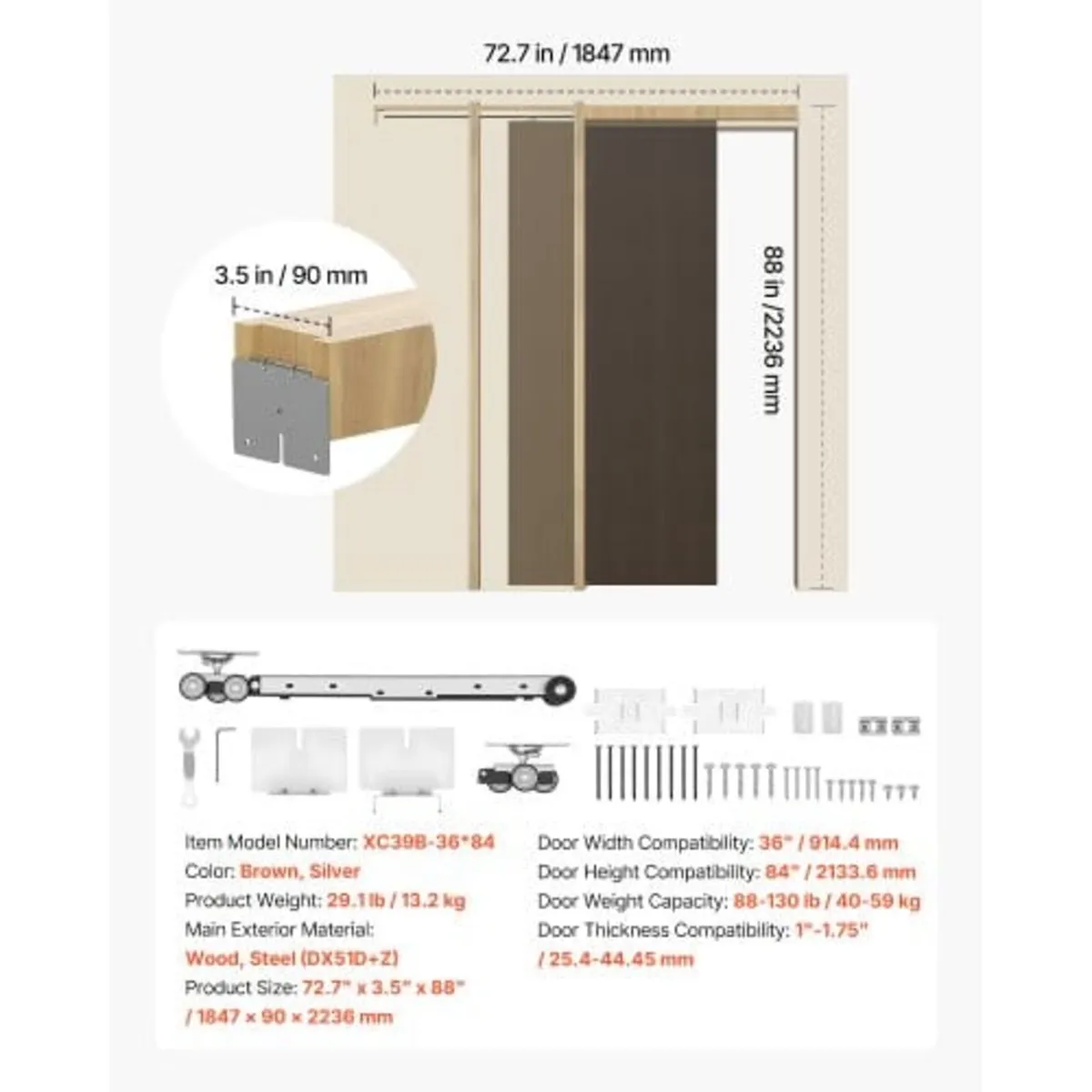 Pocket Door Frame Kit 914.4 mm Pocket Door Kit Ste - Image 3