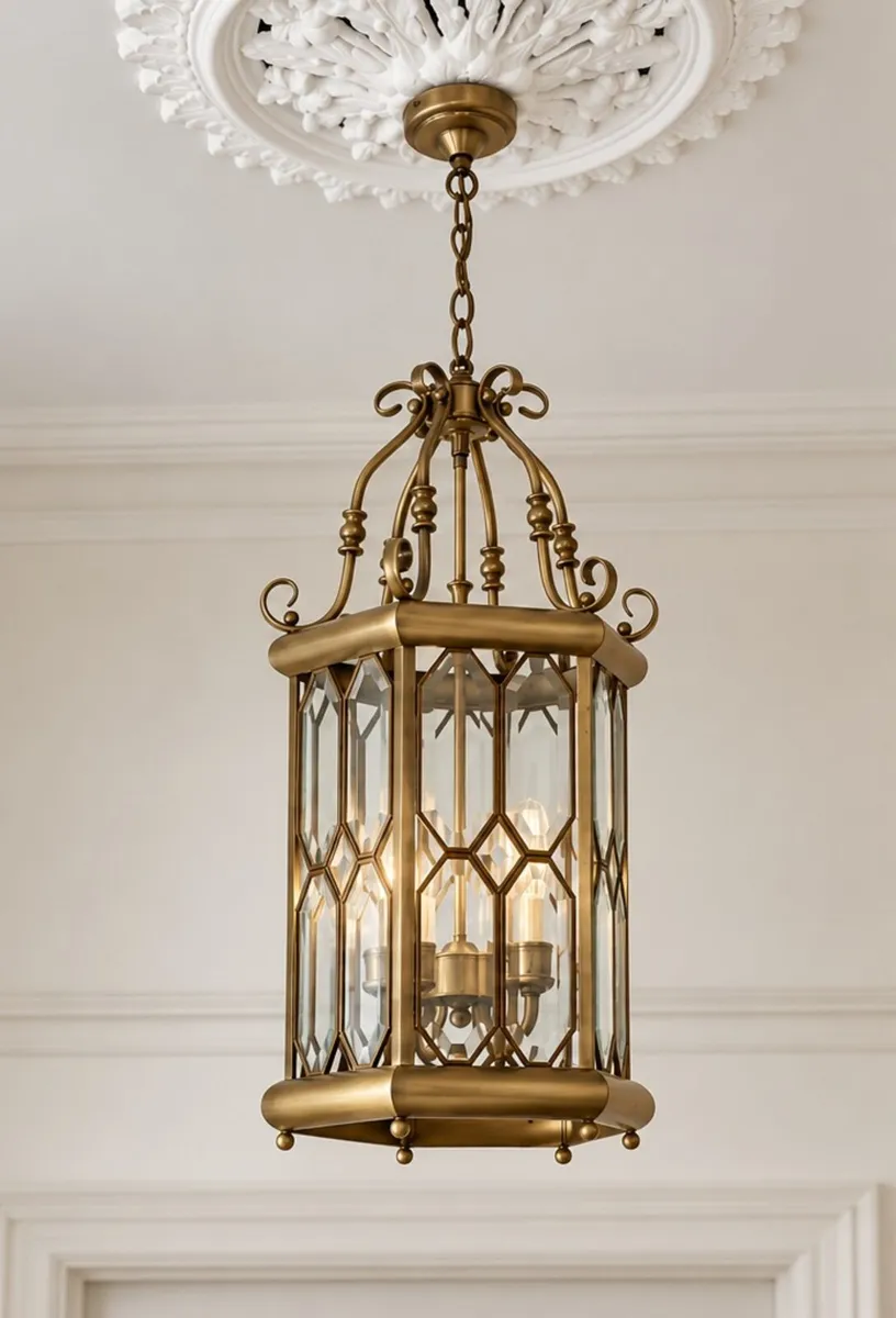 Large Ornate Brass & Glass Hall Pendant Light 70cm - Image 2