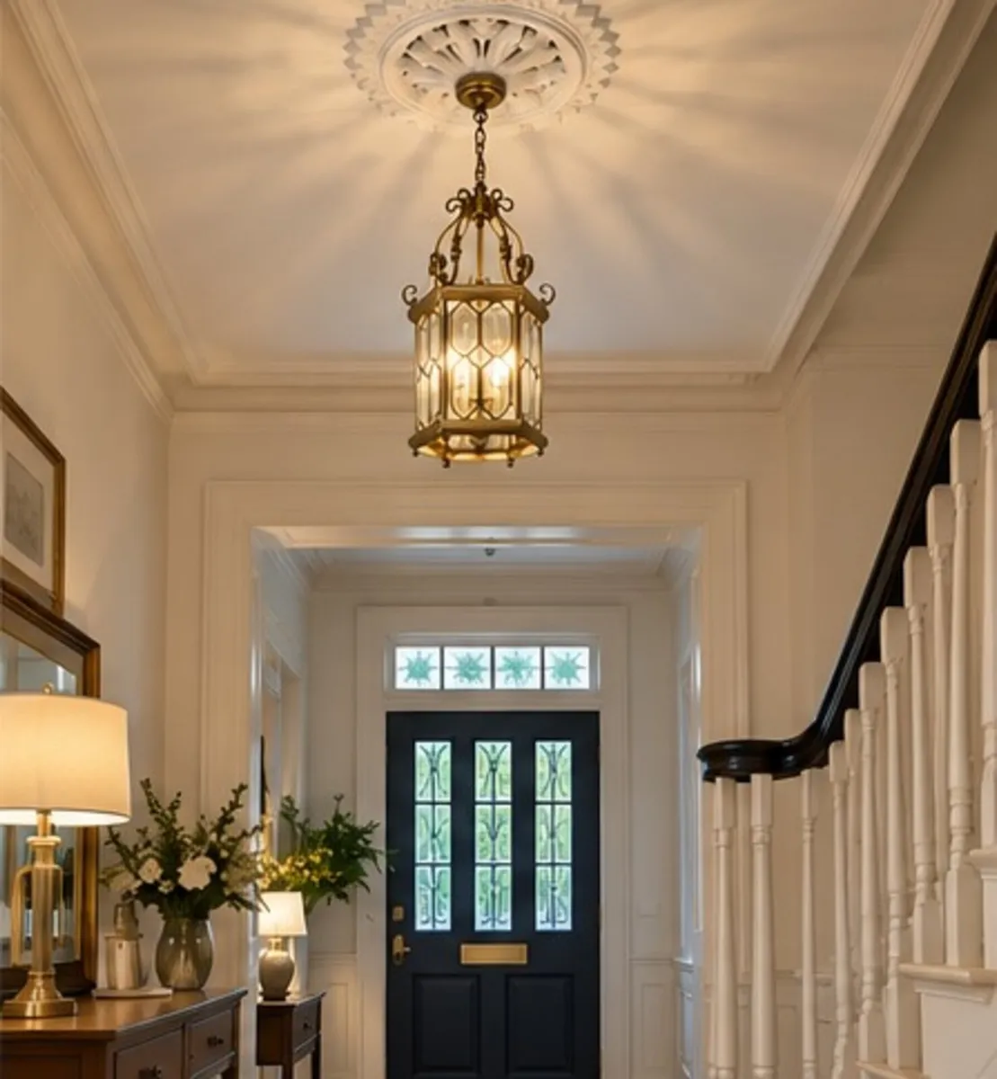 Large Ornate Brass & Glass Hall Pendant Light 70cm - Image 1