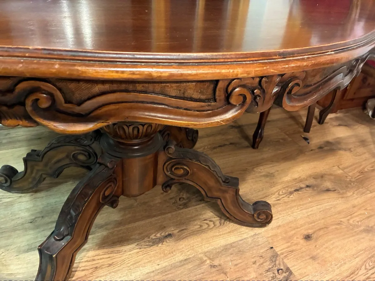 Victorian Style Dining Table & Red Velvet Chairs - Image 2