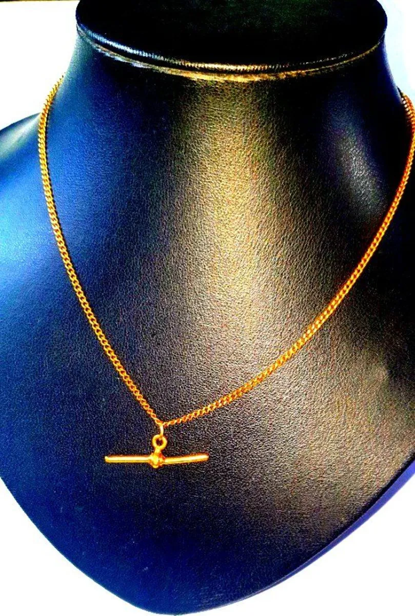 Pristine Vintage 9k Solid Gold T-Bar Necklace - Image 2