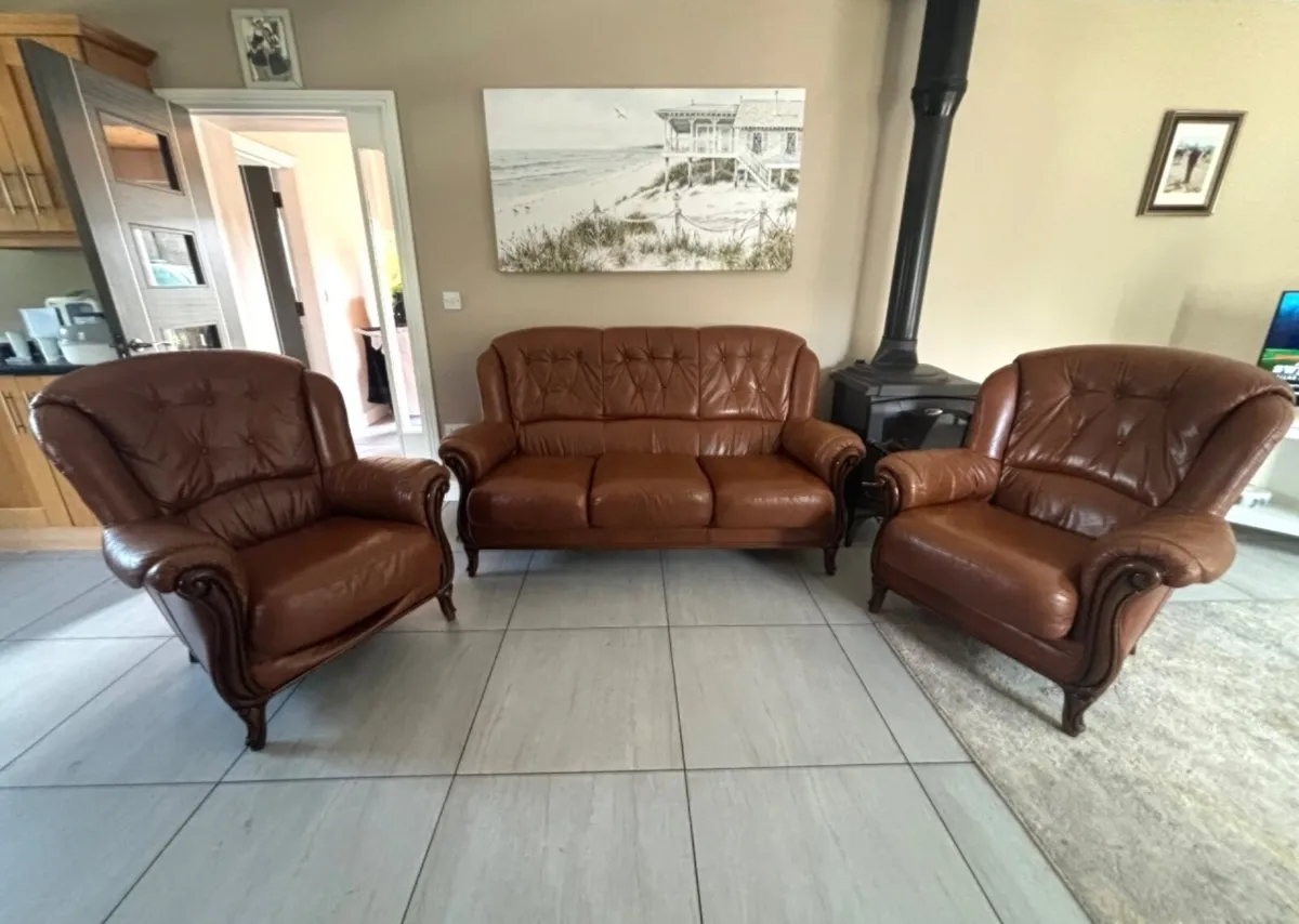 3 Piece Genuine Brown Leather Suite - Image 1
