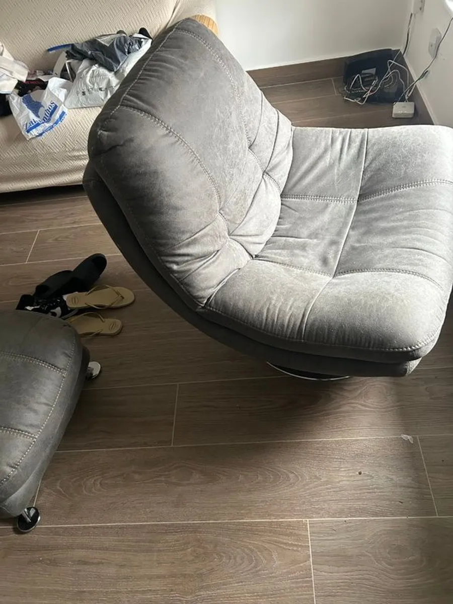 Grey 2 Seater Sofa, Swivel Chair & Matching Stools - Image 1