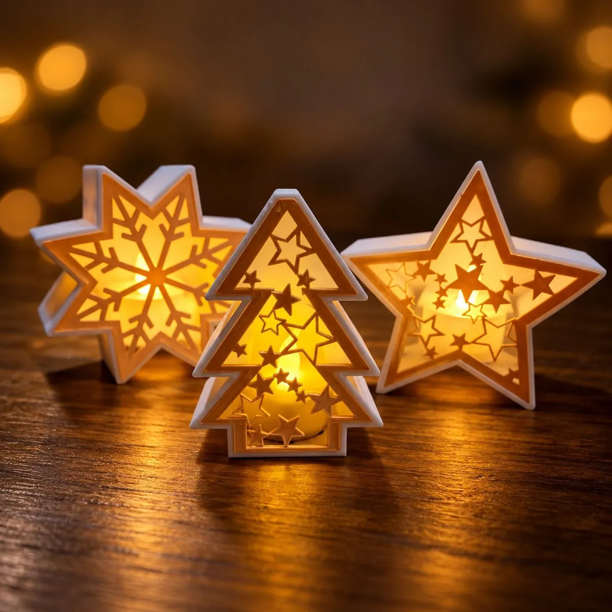 Christmas Tea Light Lanterns, Tree, Star or Snow - Image 1