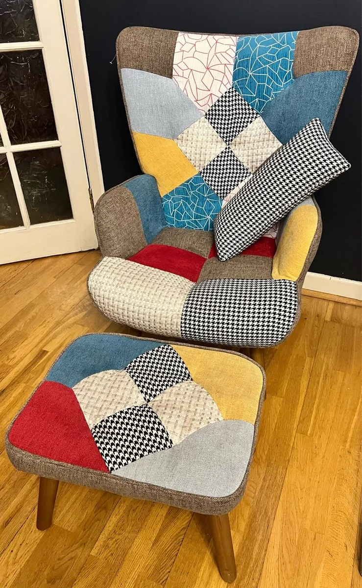 Patch work arm chair with footstool & cushion - Image 1