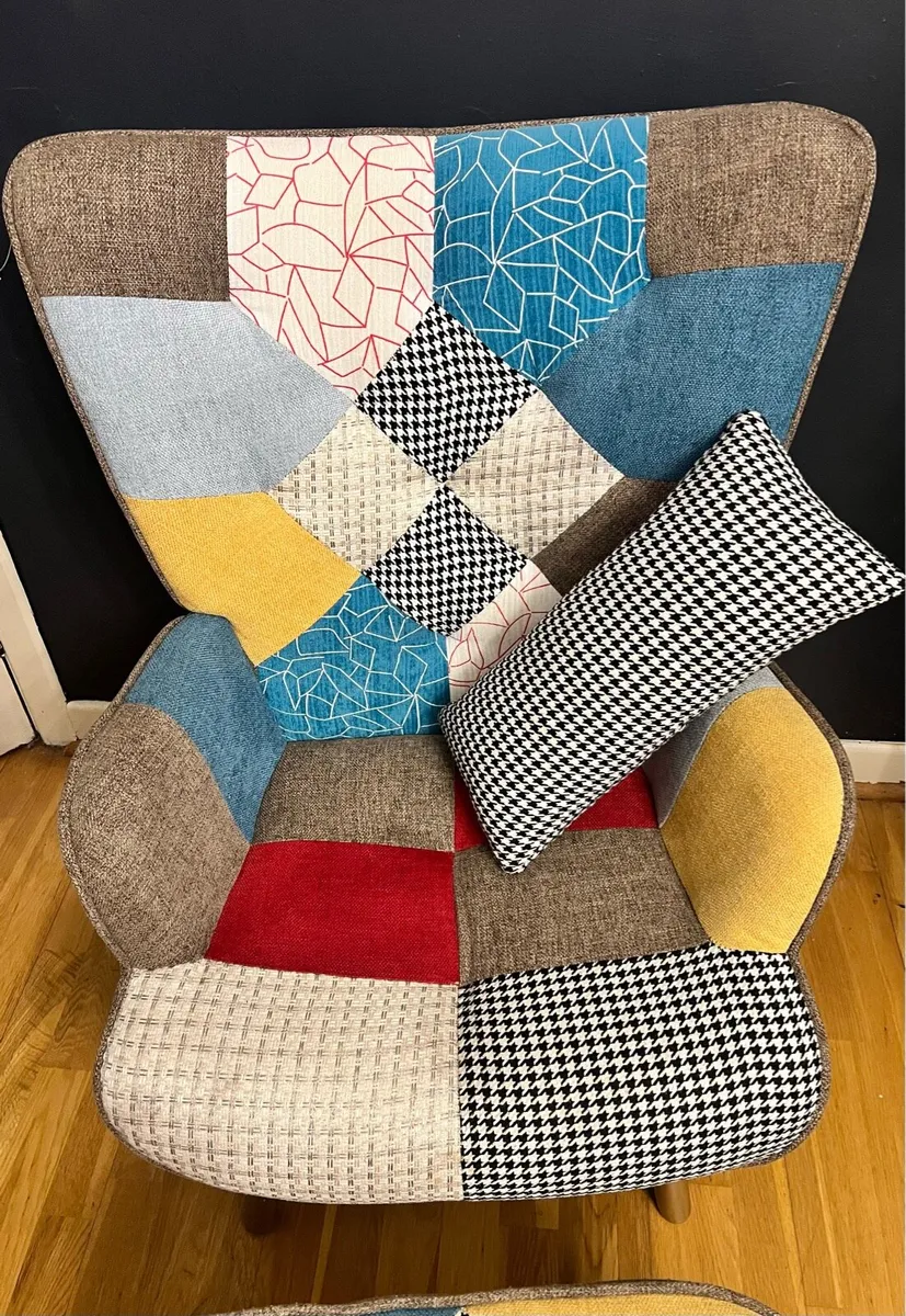Patch work arm chair with footstool & cushion - Image 2