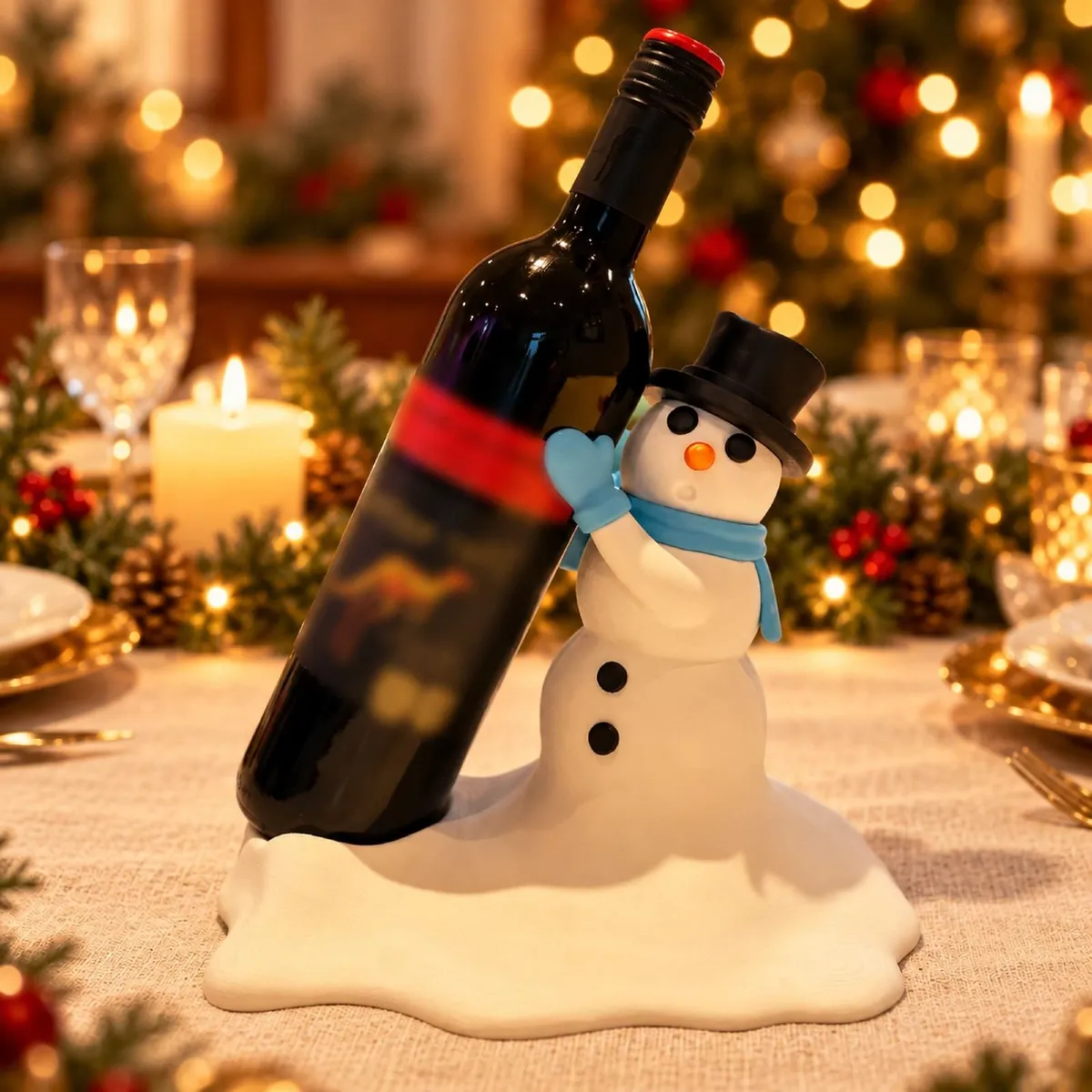 Snowman Wine Bottle Holder, Christmas Table Deco - Image 1