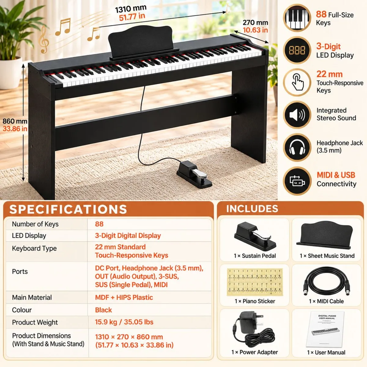 88 Key Digital Piano with Stand and Speakers Semi - Image 4