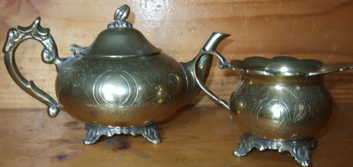 Vintage Ornate Hand-Chased Brass Tea Set Duo - Image 3