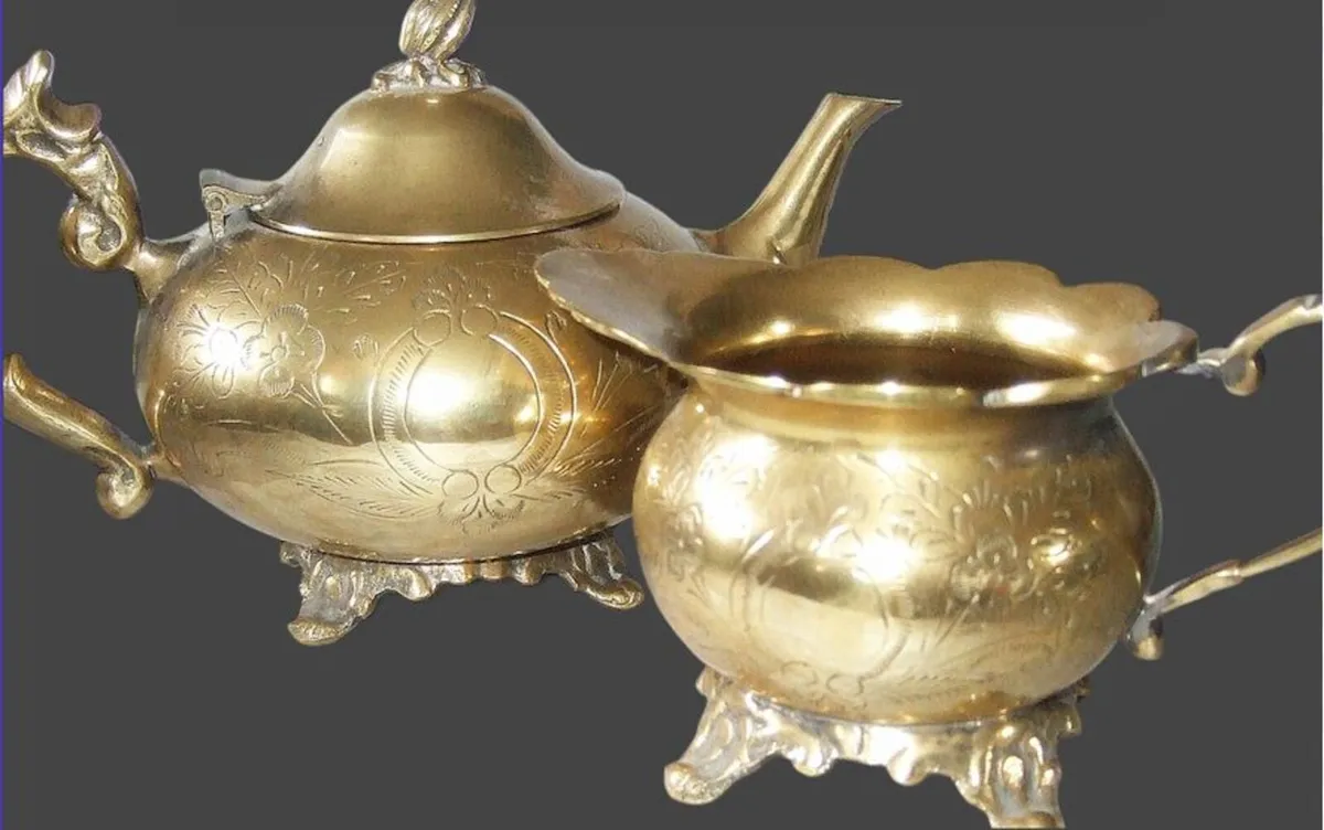 Vintage Ornate Hand-Chased Brass Tea Set Duo - Image 4