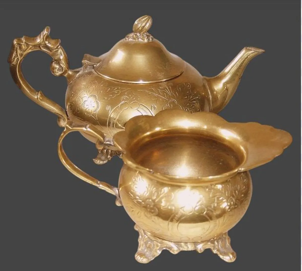 Vintage Ornate Hand-Chased Brass Tea Set Duo - Image 1