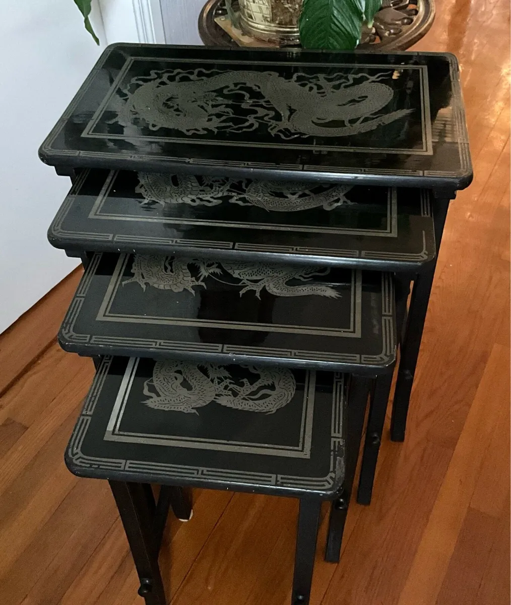 Vintage Oriental Set of 4 Black Lacquered Tables - Image 1