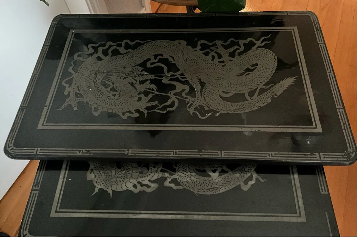 Vintage Oriental Set of 4 Black Lacquered Tables - Image 2