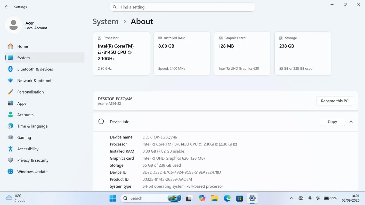 Acer Aspire 5, 8gen i3, 8GB RAM, 256GB SSD - Image 4