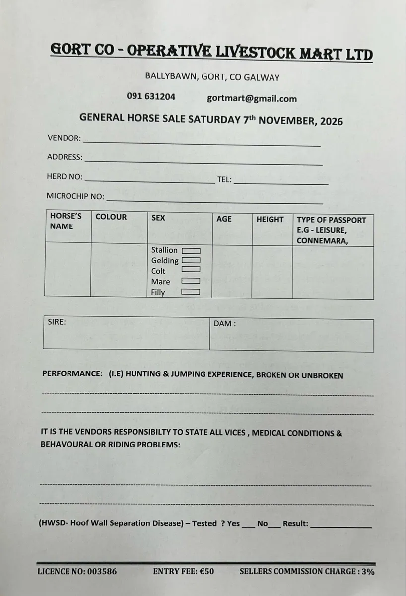 Gort Mart: Pre entry Horse sale: Sat 7th Nov - Image 1